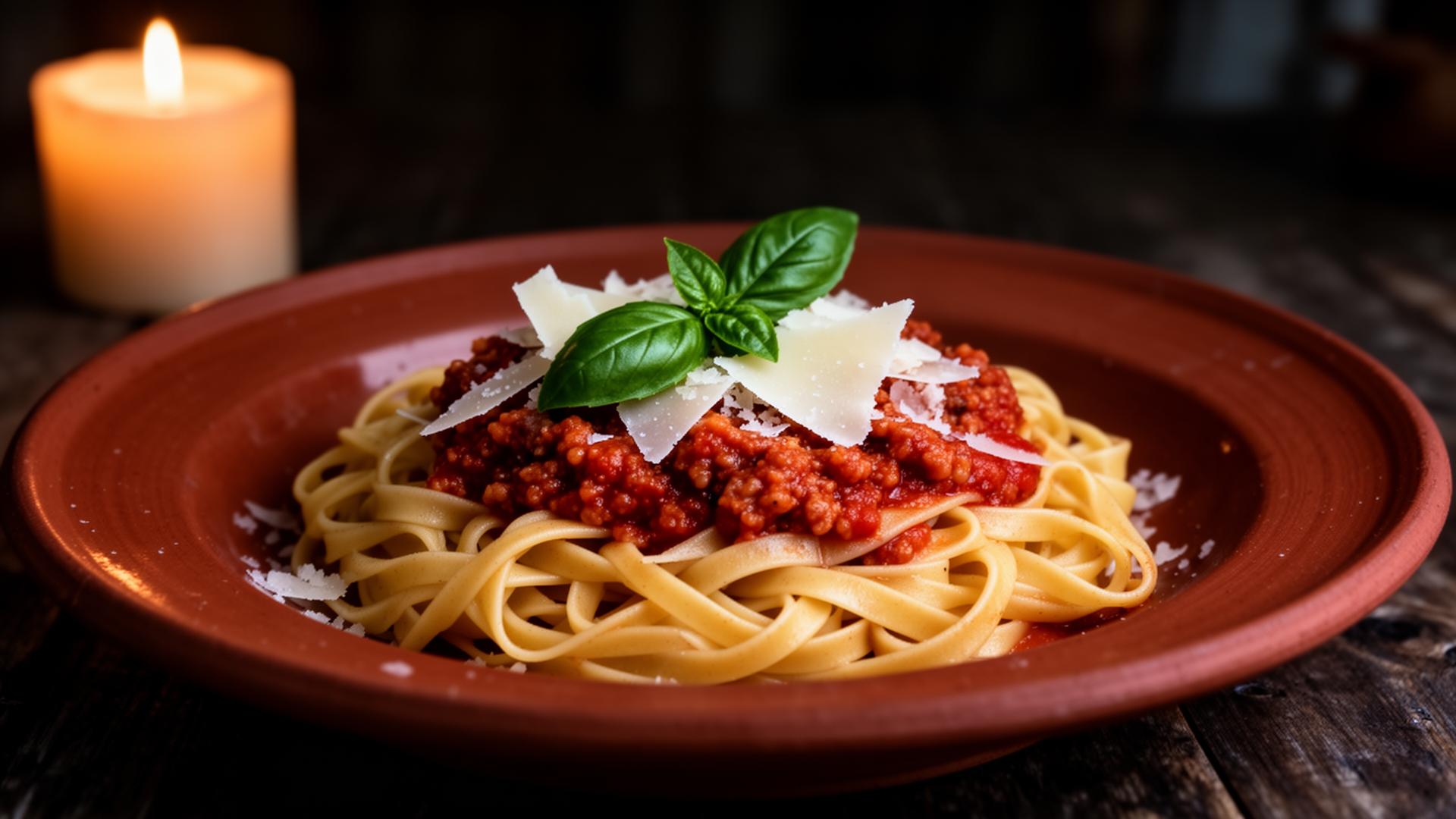 Hand-rolled tagliatelle al ragù served on a terracotta plate